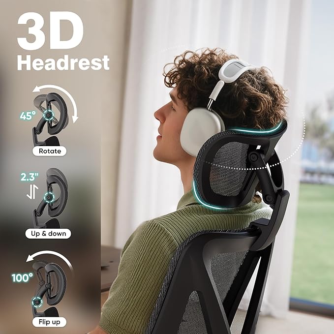 ELABEST T23 Ergonomic Office Chair with 2D Lumbar Support & 3D Headrest, High Back Mesh Swivel Chair with Adjustable 3D Armrests, Breathable Computer Desk Chair for Long Hour Sitting (Graphite Black)