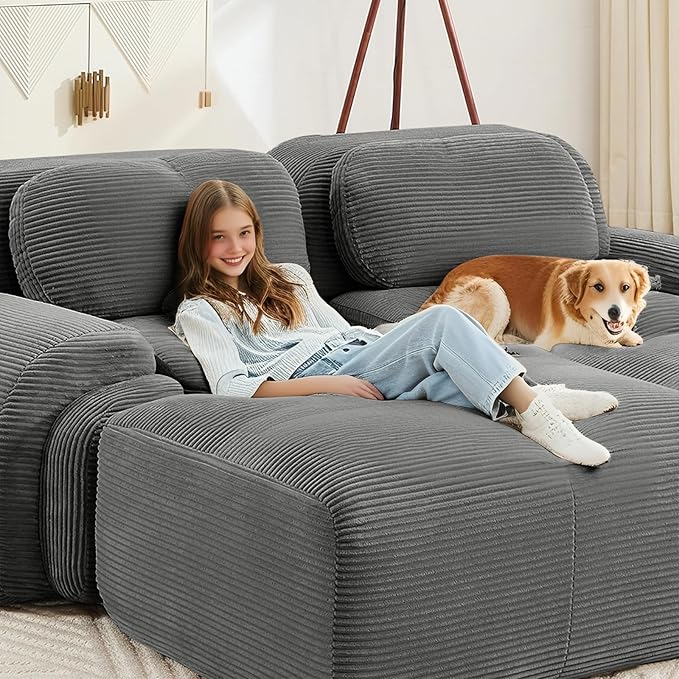 116" Modern Compressed Boneless Couch with Ottoman, 3 Seater Large U Shaped Sectional Couches for Living Room, Gray Corduroy Cloud Modular Sectional Sofa, Memory Foam, Extra Deep, No Assembly