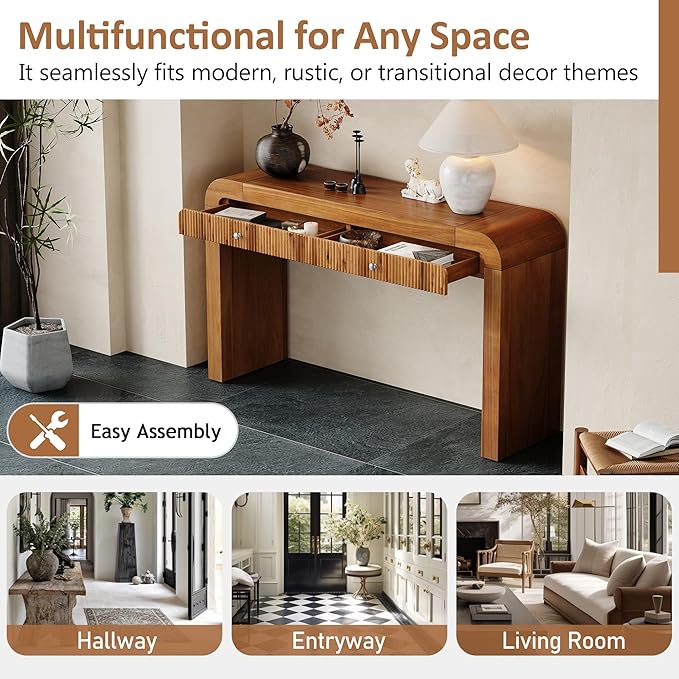 54.3" Curved Console Table with Fluted Drawer, Rustic Entryway Table and Thick Legs, Sturdy Sofa Table for Hallway & Living Room Wood (Brown)