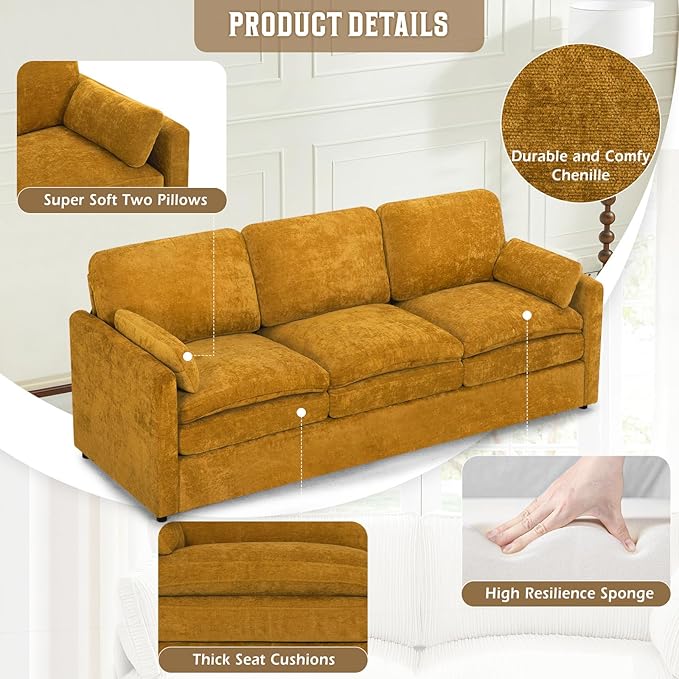 89" Chenille Modern Couch with Cozy & Soft Backrests, 3 Seats Sofa with 2 Extra Pillows, Comfy Upholstered Sofa with Thicker Cushions for Living Room, Office,Yellow