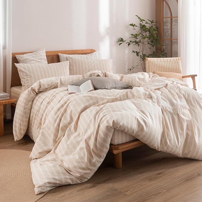 BESTOUCH Duvet Cover Set 100% Washed Cotton Linen Feel Super Soft Comfortable Chic Lightweight 3 PCs Home Bedding Set Almond Grey & White Stripes King