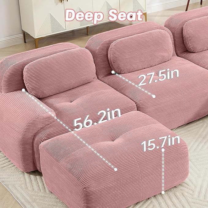 80" Modern Corduroy Boneless Love Seat Couches, 2 Seater Large Sectional Couches for Living Room, Pink Cloud Modular Sectional Sofa, Memory Foam, Extra Deep Loveseat, No Assembly