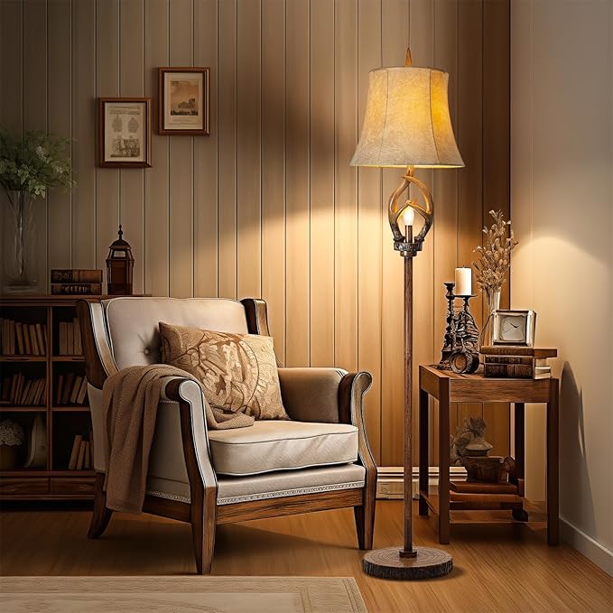 Scenekoy Rustic Farmhouse Antlers Floor Lamp with Night Light Faux Leather Bell Shade Brown Finish Tall Industrial Tall Standing Lamp Decor for Living Room Bedroom Hotel Office (Bulb Included)