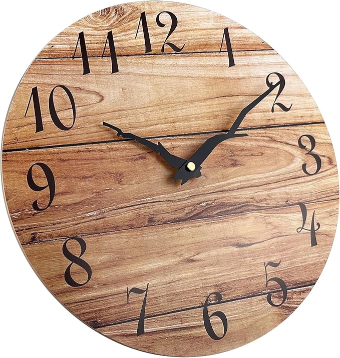Plumeet Extra Large Wall Clock, 16'' Frameless Wooden Wall Clocks with Silent Quartz Movement, Rustic Country Village Walnut Clocks Decorative for Kitchen Bedroom Living Room, Brown