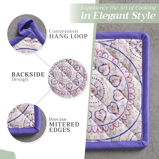 Maison d' Hermine Pot Holders 100% Cotton Heat Resistant Potholders 8" x 8" Hot Pads with Loop BBQ, Cooking, Baking, Grilling, Kitchen, Handling Hot Pans Spring/Summer (Pack of 1, Mandala)