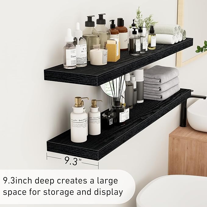 Fun Memories 48Inch Floating Shelves, 9.3Inch Deep Rustic Wall Shelves - Extra Deeper & Thicker Wall Mounted Storage Shelf for Kitchen, Farmhouse - Set of 2 - Rustic Black