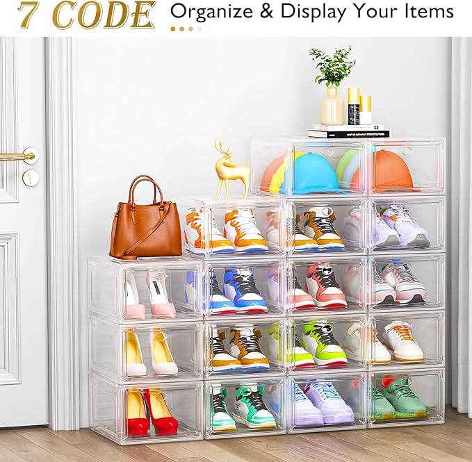 Thicken & Sturdy Clear Shoe Storage Organizer with Magnetic Door, Stackable Boxes for Closet, Foldable Space-Saving Shoe Rack for Sneaker Boot Container, Plastic Shoe Cabinet Shoe Box 6 Pack, White