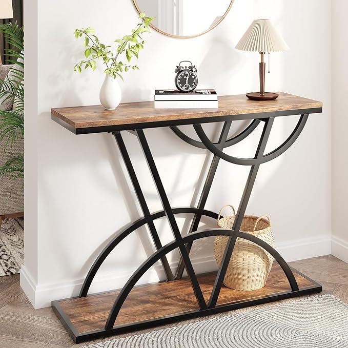 43" Console Table, Industrial Entryway Table with Storage Shelf, Narrow Wood Sofa Table with Metal Frame for Living Room, Hallway, Foyer, Entrance