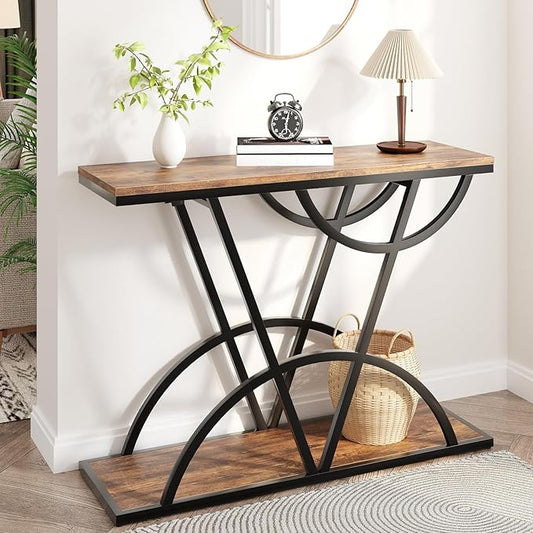 43" Console Table, Industrial Entryway Table with Storage Shelf, Narrow Wood Sofa Table with Metal Frame for Living Room, Hallway, Foyer, Entrance