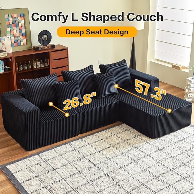 Boneless Sectional Sofa, 100.7" Cloud Couch with Wide-Wale Corduroy, Deep Seat L Shaped Couch, All-Foam Filled Compressed Sofa for Living Room (Black, Corduroy)