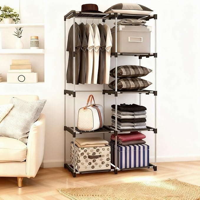 Portable Wardrobe, Clothes Organizer, Easy Hanger Wardrobe, Multiple Dividers and 3 Drawers, 6 Side Pockets Large Capacity (Durable Black)