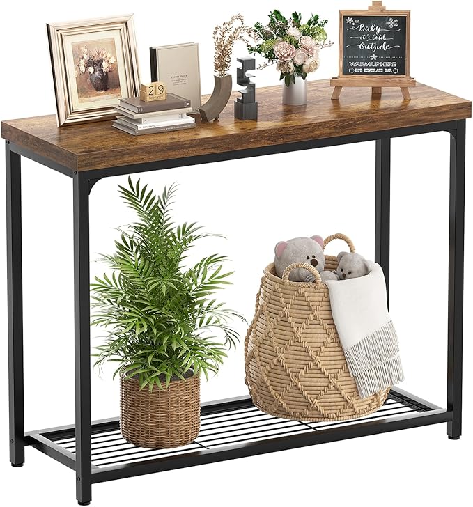 32" Small Console Table, 2-Tier Narrow Entryway Table, Sofa Table with Mesh Shelves, Console Tables for Living Room, Hallway, Entryway, Farmhouse Console Table with Storage, Rustic Brown