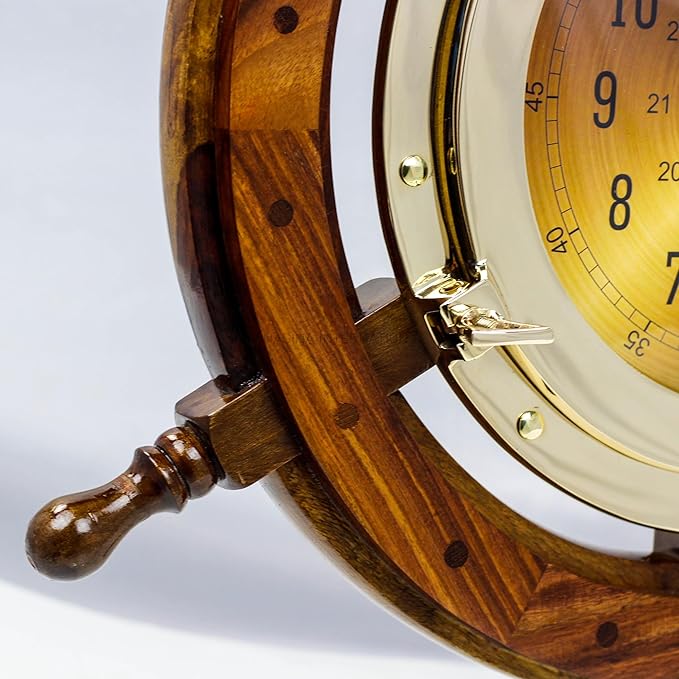 Nagina International 24" Exclusive Pirate's Nautical Ship's Steering Wheel Styled Porthole Clock | Lavish Wall Decor Gifts & Collectible