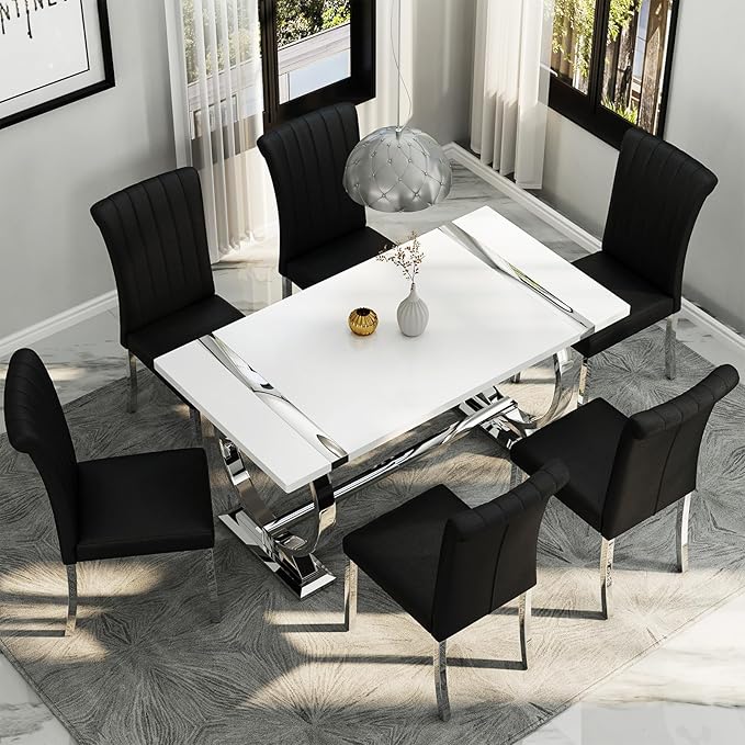 Asday White and Silver Rectangle Dining Table for 4-6, 60 inch Luxury Modern Dining Room Table with MDF Tabletop and Mirrored Chrome U-Shaped Base for Living Room, Kitchen, Apartment