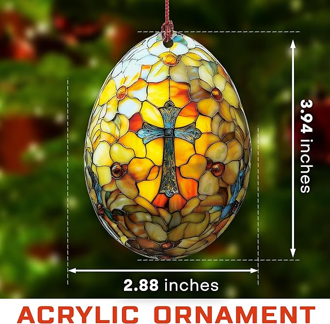 Easter Ornaments for Tree, Easter Basket Stuffers, Egg Ornaments, Suncatcher for Decorations, Windows, Classroom Gifts, He is Risen, Christian Ornament (1, Egg Cross)