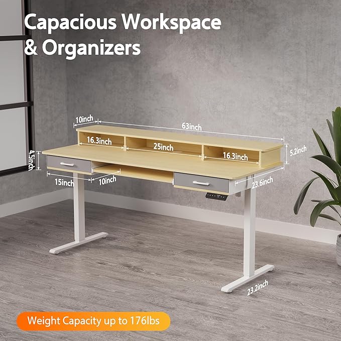 63 Inches Electric Standing Desk with Keyboard Tray, Height Adjustable Sit to Stand Table with 2 Drawers, Ergonomic Home Office Desk with Storage Shelf, Computer Table, Oak