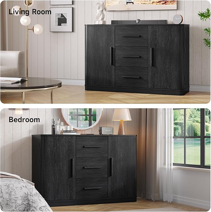 ONBRILL 47" Curved Buffet Cabinet with Storage and 3 Drawers, Large Sideboard Buffet Storage Cabinet with 2 Doors, Modern Coffee Bar Table for Dining Room, Living Room, Entryway (Black)