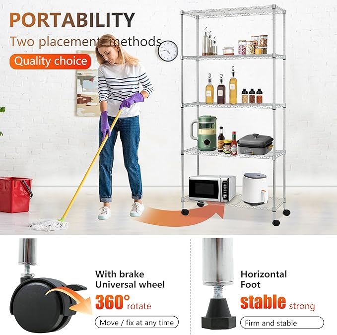 FDW | 5-Tier Wire Storage Shelves with Wheels | 30"x14"x61" | Chrome | Adjustable Racks | Heavy-Duty Metal Shelf, Holds Upto 220 lbs | Tool-Free Assembly, Rust-Resistant | for Home & Garage Shelving