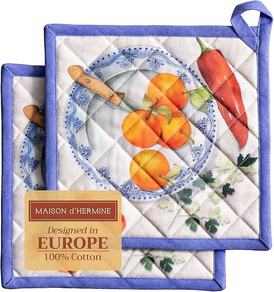 Maison d' Hermine Pot Holders Set 100% Cotton Heat Resistant Potholders 8" x 8" Hot Pads with Loop BBQ, Cooking, Baking, Grilling, Kitchen, Handling Hot Pans Spring/Summer (Pack of 2, Gourmand)