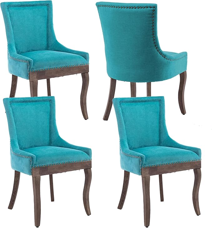 Farmhouse Dining Chairs Set of 4, Upholstered Fabric Dining Room Accent Chairs with Wood Legs & Bronze Nailhead, High Wingback Kitchen Chairs for Living Room Hotel Apartment, Blue