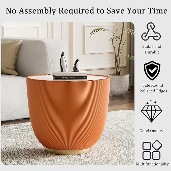 Round Coffee Table Set with Sintered Stone Tabletop, 27.56" Grey Drum Center Table and 19.69" Orange Coffee Table Set, 2 Pieces Living Room Table Set with Fluted PU Leather Cover& Metal Base