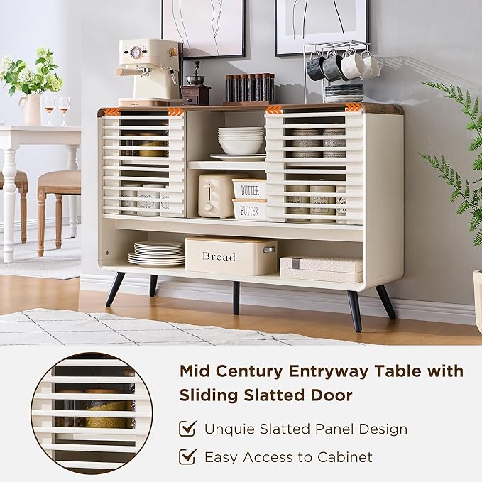 RedLemon 46" Entryway Table, Mid Century Modern Console Table with Slatted Sliding Door, Storage Shelf Wood Sofa Table Behind Couch for Hallway, Living Room, Foyer, Antique White