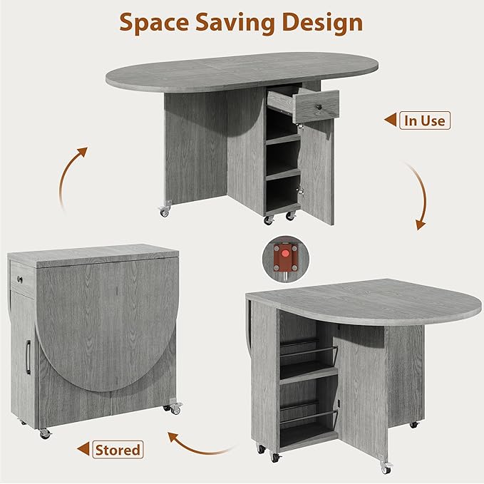 Folding Dining Table for 4 Kitchen Dining Room DinnerTable with Storage Drawer Space Saving Oval Foldable Drop Leaf Gateleg Furniture for Small Space (Grey, 51 * 31.5 * 30)