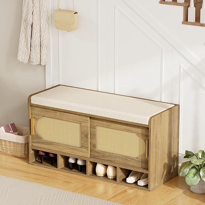 39.4" Wide Shoe Storage Bench, 2-Tier Rattan-Style Shoe Bench with Cushion Seat and 4 Open Compartments, Double Sliding Door and Adjustable Shelves, for Entryway, Hallway, Natural Pecan