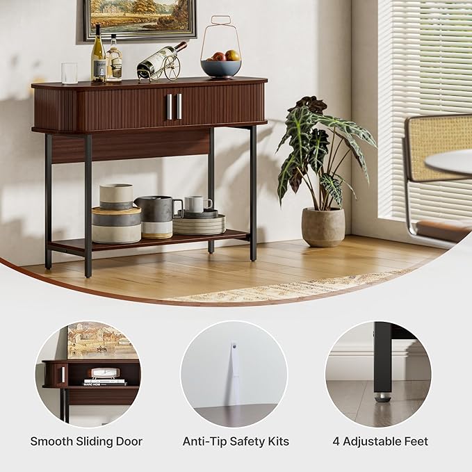 40" Mid Century Modern Entryway Table, Ultra Slim Fluted Console Table with Storage & Sliding Doors, Modern Round Corner Sofa Table, Wooden Entry Table for Living Room, Hallway, Walnut