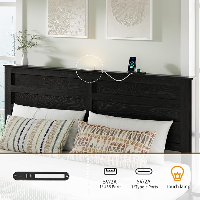 Queen Size Bed Frame with Wood Headboard, Wooden Platform Bedframe with Sliding Barn Door Footboard and Charging Station Easy Assembly, No Box Spring Needed (Black, Queen)