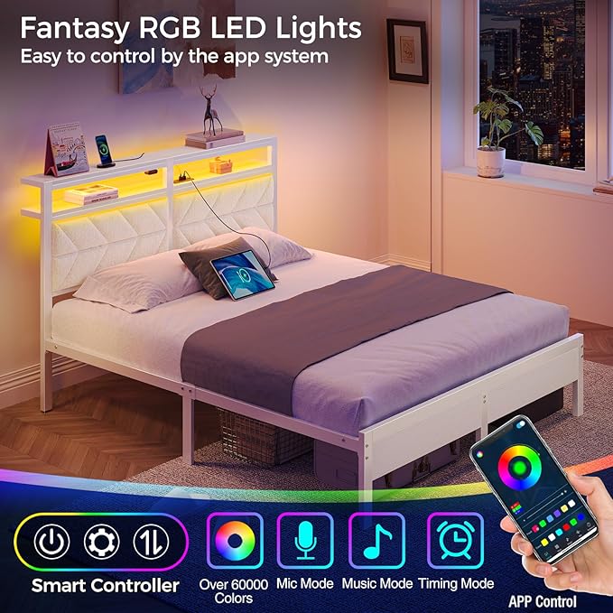 Seventable Bed Frame Full Size with Charging Station, LED Bed with Upholstered Storage Headboard, Metal Platform Bed with Under Bed Storage, No Box Spring Needed, Noise Free, Easy Assembly, White