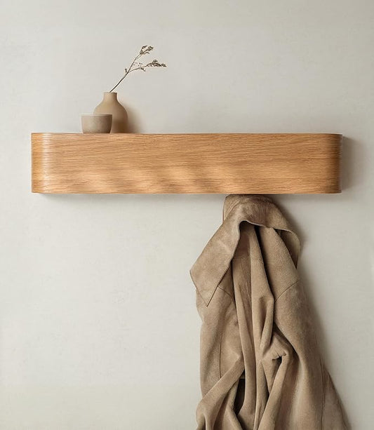 Kazai. Wall-Mounted Coat Rack 'Toke' - Modern Design Coat Rack with Hidden Wall Hooks - Solid Wood Veneer Panel Coat Hanger - Oak