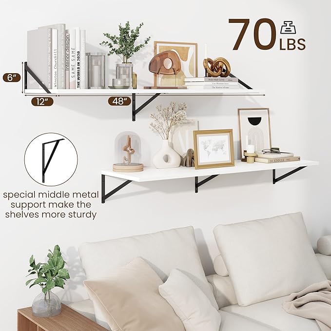 Fun Memories Floating Shelves for Wall, 12 Inch Deep Floating Shelves Set of 2, 48W x 12D Large Wall Shelf with Sturdy Metal Brackets for Living Room, Bathroom, Bedroom and Kitchen, White