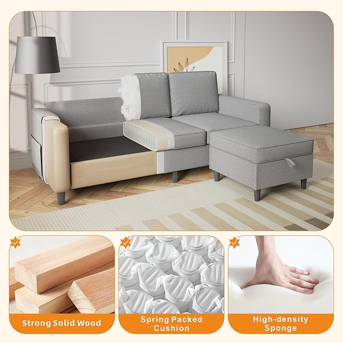 Sectional Sofa Couches for Living Room, 78'' Light Grey 3 Seater L-Shaped Couch with Storage Ottoman, Comfy Fabric Convertible Sectionals Sofas with Chaise for Apartment, Office, Small Space