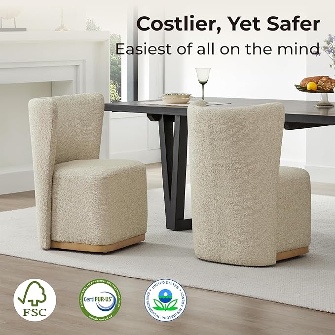 CHITA Upholstered Rolling Dining Chair on Casters Set of 2, FSC Certified Modern Fabric Dining Chair with Casters, Boucle Dining Chairs for Reading Room Waiting Room Kitchen Dining Room, Oatmeal