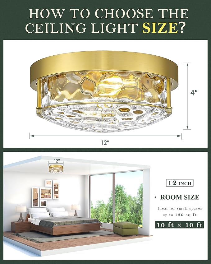 Polished Gold 12" Ceiling Fixture – Hammered Glass, Farmhouse-Inspired Flush Mount for Bedroom, Living Room, or Dining Area - CKCL4822-2W-HGPG