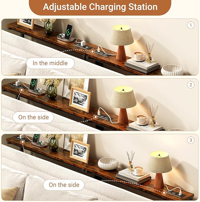 63 Inch Narrow Console Table with 2 Power Outlets, Behind Couch Table with Charging Station, Small Space Sofa Behind Table for Living Room, Entryway, Hallway, Rustic Brown