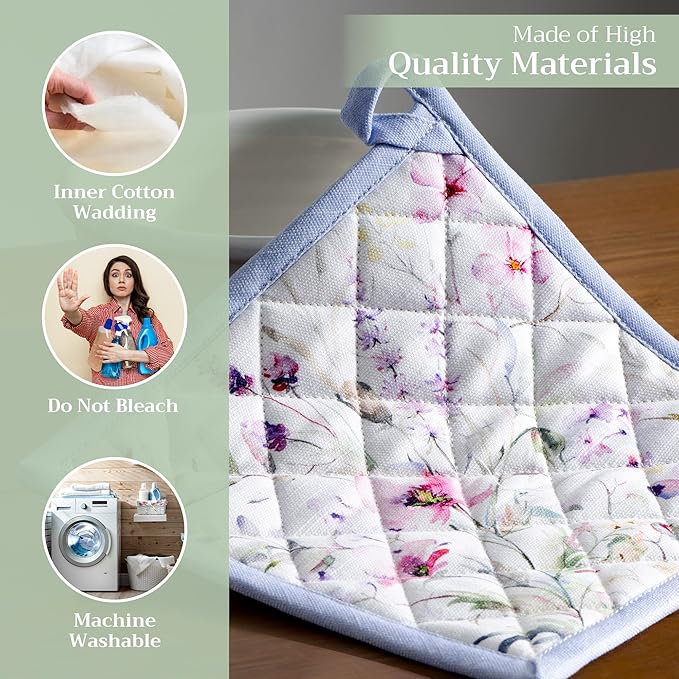 Maison d' Hermine Pot Holders Set 100% Cotton Heat Resistant Potholders 8" x 8" Hot Pads with Loop BBQ, Cooking, Baking, Grilling, Kitchen, Handling Hot Pans Spring/Summer (Pack of 2, Summer Floral)