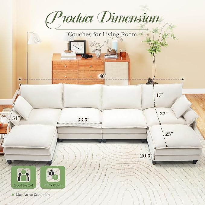 Modular Sectional Sofa, Comfy Cloud Couch with Movable Ottoman, Deep Seat Couches for Living Room, Bedroom and Apartment, 140" U Shaped Modern Sofa with Pillows, Beige