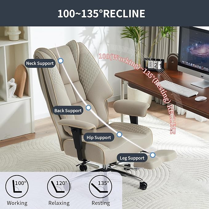 Big and Tall Office Chair 400lbs Wide Seat, Leather High Back Executive Office Chair with Lumbar Support, Ergonomic Chairs Padded Armrests & Thick Cushion (Mesh Beige)