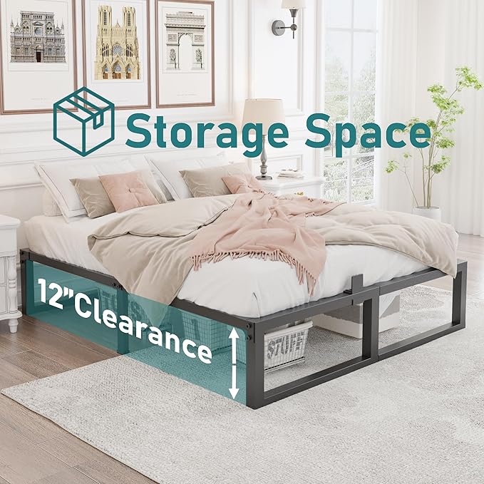 California King Bed Frame, 14 Inch High 3500 lbs Metal Platform, Mattress Foundation with Steel Slat Support/No Box Spring Needed/Noise Free/Non-Slip/Easy Assembly