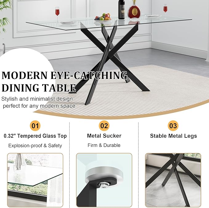 51.2" Glass Dining Table, Modern Kitchen Table for 4-6 People, Contemporary Rectangular Dining Room Dinner Tables with Clear Glass Top & Black Metal X Legs for Kitchen Apartment