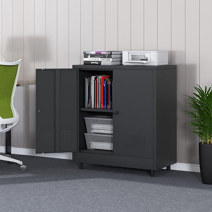 Metal Storage Cabinet with 2 Doors and Adjustable Shelf, Steel Accent Sideboard Buffet Cabinet for Home, Office, Garage, Entryway, Living Room, Kitchen Pantry and Dining Room (Black)