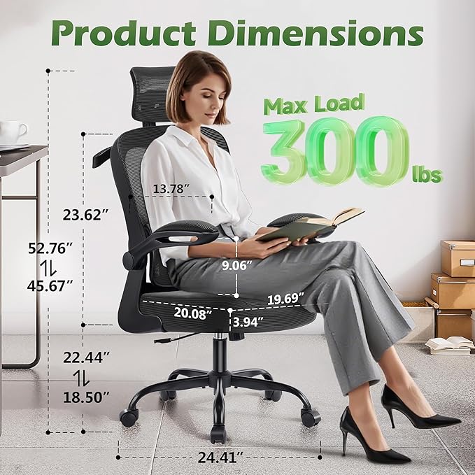 Office Chair Ergonomic Desk Chairs with Adjustable Lumbar Support& Headrest Hanger, High Back Breathable Mesh Chair with Wheels, Rolling Swivel Comfy Task Computer Chair for Home Work Gaming