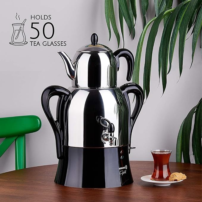 Korkmaz Caykolik A341-14 Stainless Steel Samovar, Upper Pot 1.1 L (37.1 Oz), Bottom Pot 3 L (101.4 Oz) Electric Turkish Tea Maker Set, Double Pots, Inox, Chrome, Black 110 V US Plug, 4.3- Quart