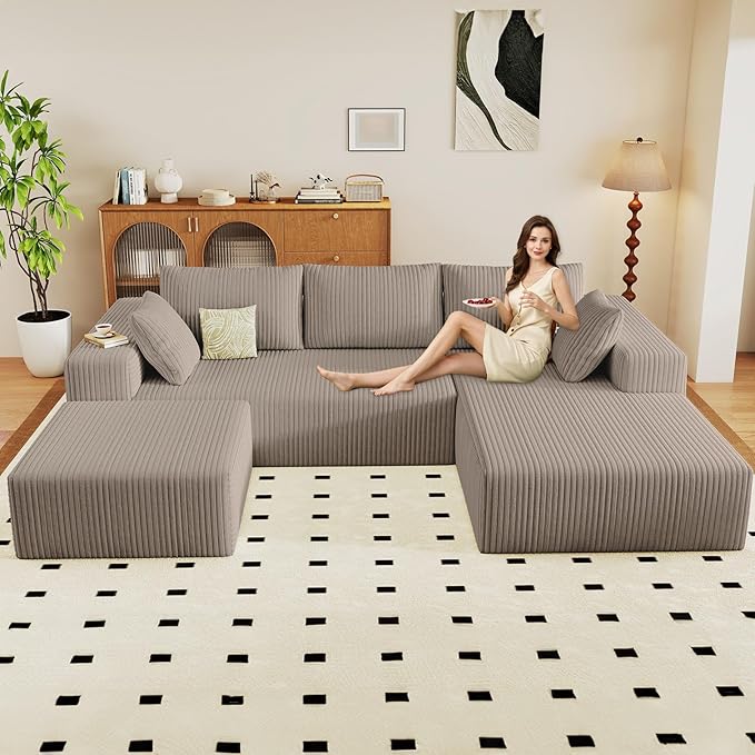 96" U-Shape Cloud Couch, Modern Modular Sectional L-Shape Sofa with Ottoman, Corduroy Upholstered Couches Deep Seat Chaise Longue for Living Room, No Assembly Required(Camel, Right Facing)