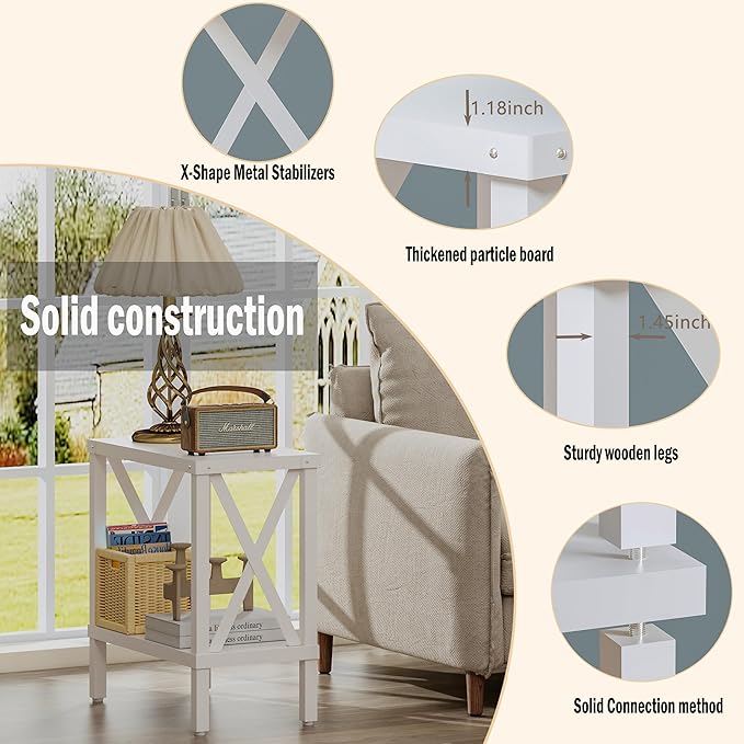 Narrow End Table, Large Sofa Side Table, Farmhouse Nightstand with Storage Shelve, Slim Bedside Table for Living, Room Bedroom, Lounge White MLBZ17W