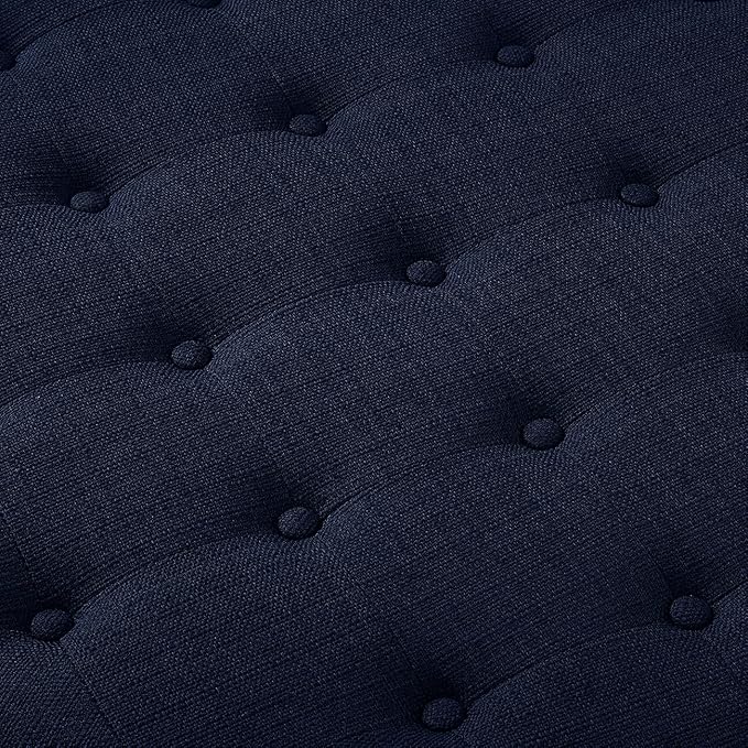 24KF Large Round Upholstered Tufted Linen Ottoman Coffee Table, Large Footrest Ottoman with Wood Shelf Storage- Navy Blue