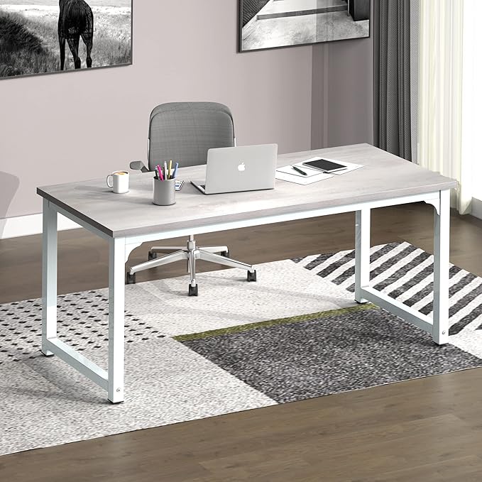 NSdirect 63" Large Computer Desk,Modern Simple Style PC Table Office Desk Wide Workstation for Study Writing,Gaming and Home Office,Extra 1" Thicker Wooden Tabletop and Black Metal Frame,Stone White