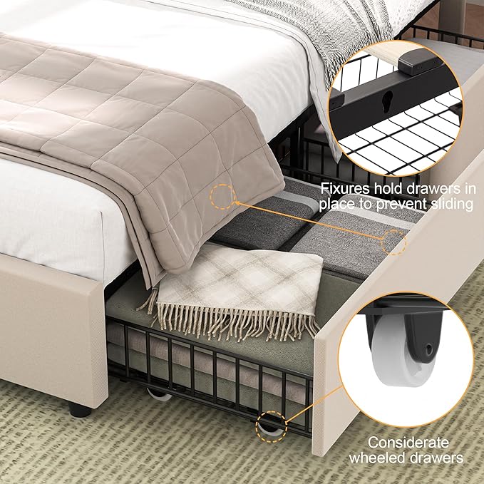 VECELO Full Size Bed Frame with 4 Drawers, Adjustable Tufted Button Headboard, Upholstered Platform with Wood Slats Support, Built-in USB and Type C Ports, Beige